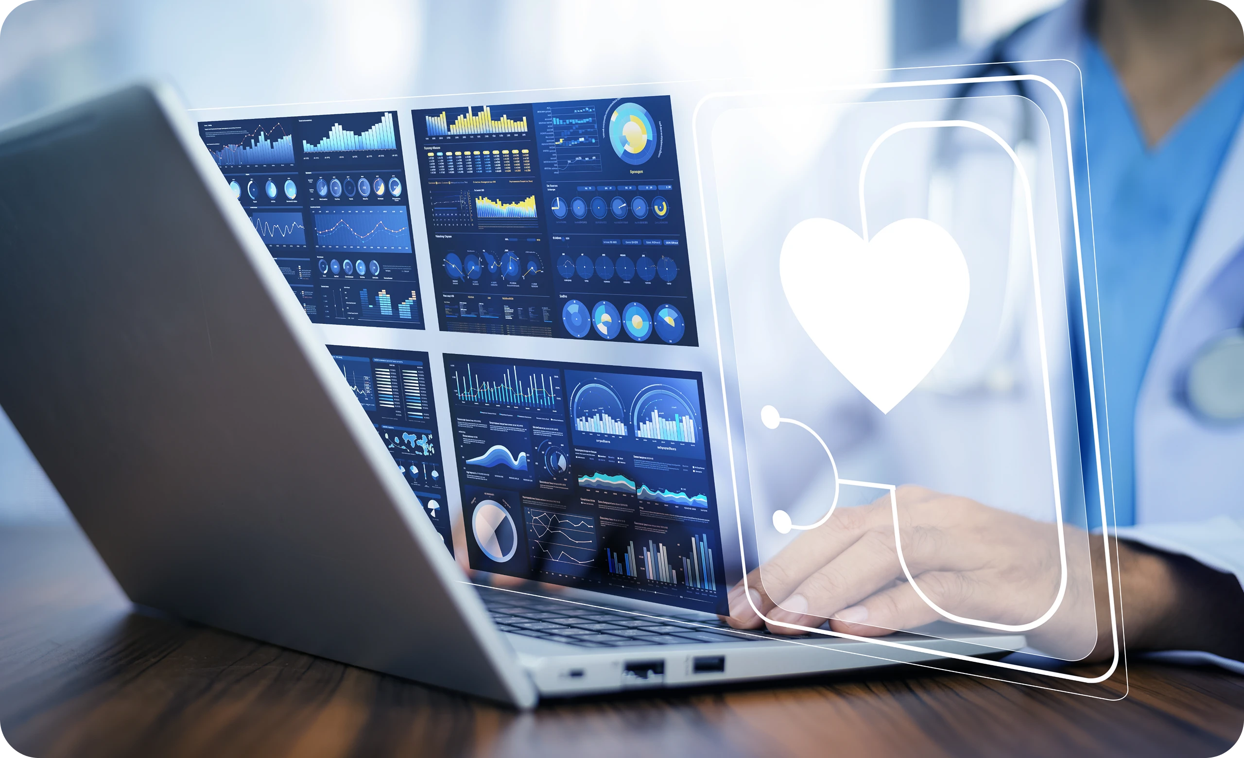 Doctor analyzing patient health data dashboards on laptop with digital heart icon for AI-powered healthcare monitoring
